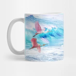 Roseate Spoonbills Flying at the Ocean Mug